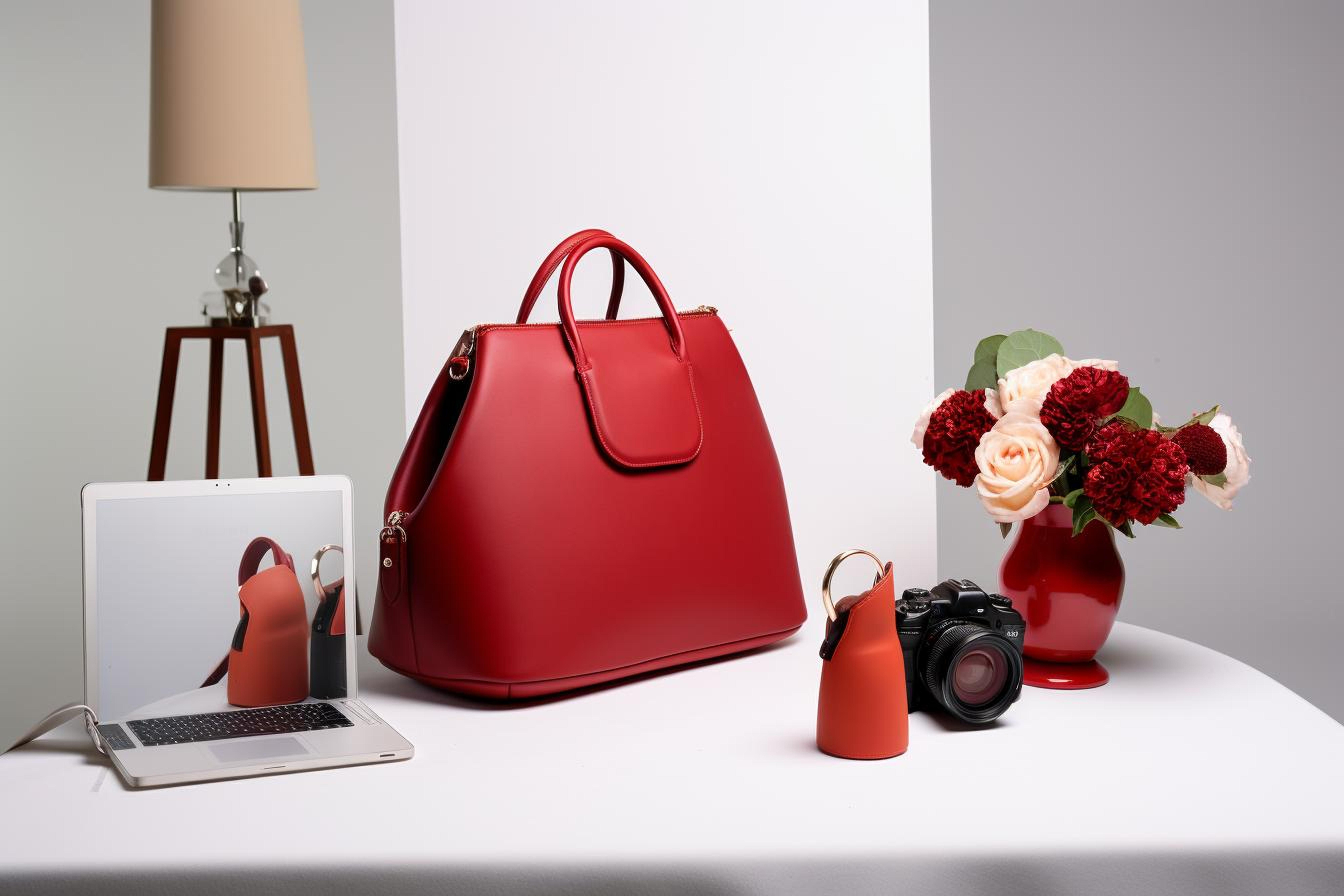 Red handbag displayed with a vase of flowers - Ecommerce product photo for bag company.